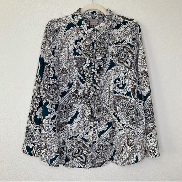 Chico’s Size Large Paisley Ruffled Front Button Down Top - Picture 1 of 11